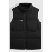 Street Look Solid Chest Pocket Stand Neck Sleeveless Fitted Zip down Vest for Men