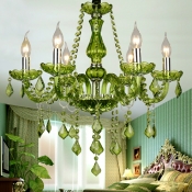 6 Lights Creative Art Green Crystal Tassel Chandelier for Dining Room and Bedroom