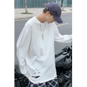 Fancy Guy's Solid Broken Hole Round Collar Relaxed Long Sleeves Tee Top