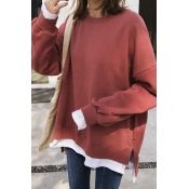 Hot Ladies Color Block Relaxed Fake Two Pieces Crew Neck Long-Sleeved Sweatshirt