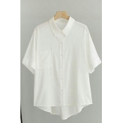 Lapel Collar Plain Button Down Blouse Summer High Low Shirts