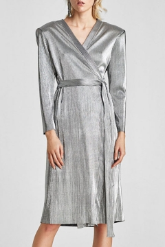 silver long sleeve wrap dress