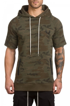 Lefthigh Mens Personality Camouflage Print Hooded Short Sleeve Tops