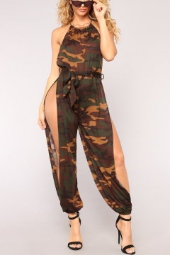 ZhixiaYS Womens Camouflage Printed Pockets Rompers Sleeveless O Neck Short Jumpsuit 