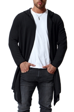 mens long sleeve draped lightweight open front longline hooded cardigan