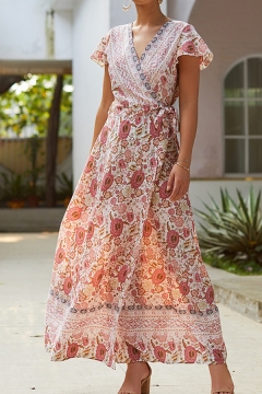 summer floral printed v collar button embellished vacation dress