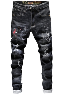 Nanquan Men Ripped Distressed Slim Stretch Hipster Embroidery Jeans Denim Pants 
