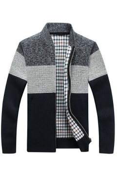 Guy's Trendy Cardigan Color-blocking Plaid Lined Designed Stand Collar Relaxed Long Sleeves Zip Up Cardigan