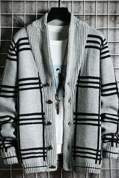 Men Novelty Cardigan Striped Pattern Regular Fitted Long Sleeve Stand Collar Button Closure Cardigan