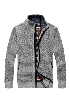 Daily Men's Cardigan Pure Color Long-Sleeved Zip Placket Regular Fitted Cardigan with Pocket