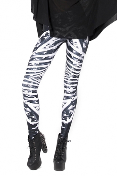 Dark-gray Long Elastic Leggings with Mixed Skeleton Print