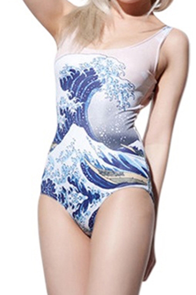Waves Print Scoop Neck One Piece Swimsuit