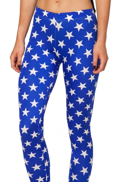 Star Print Deep Blue Skinny Leggings - Beautifulhalo.com