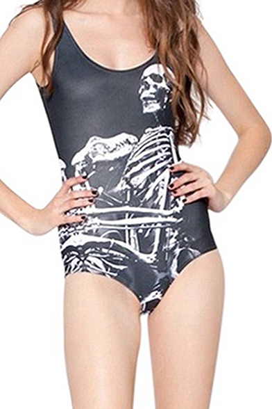 Black Skeleton Print Scoop Neck Swimsuit