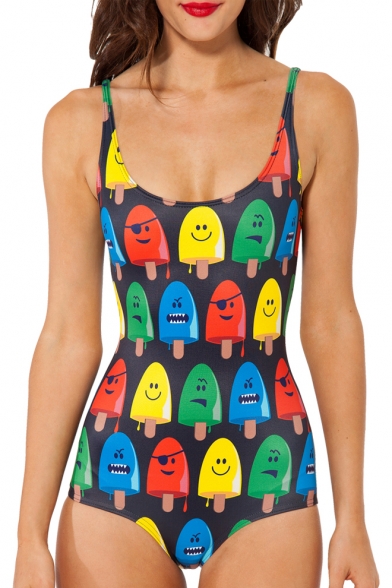 Cute Cartoon Expressions Print One Piece Swimsuit