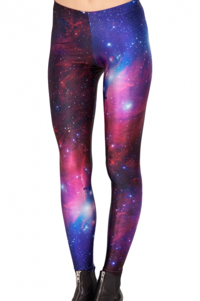 Purple Starry Sky Print Full Length Elastic Leggings