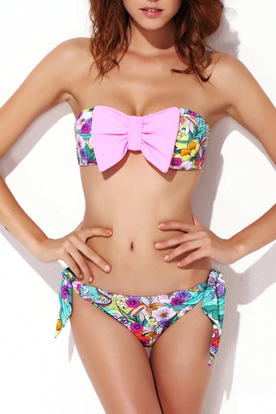 Bow Front Bandeau Bikini Set in Floral Print