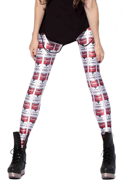 Elastic Leggings with Red and White Cans Print