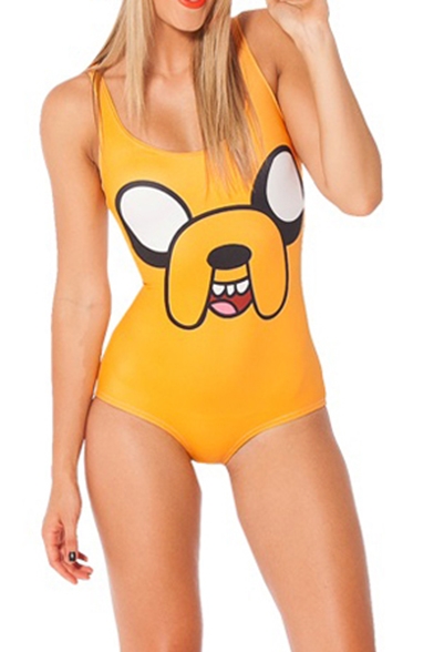 Eye-catching Yellow One Piece Swimsuit with Cute Dog Print
