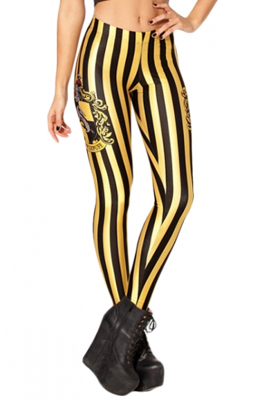 Black and Yellow Stripe Hufflepuff Logo Print Leggings