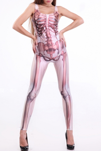 Pink Sleeveless Scoop Neck Jumpsuits with Skull Bones Pattern