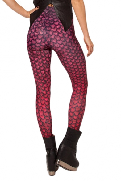 Rose Red Color Fish Scale Print Sexy Leggings