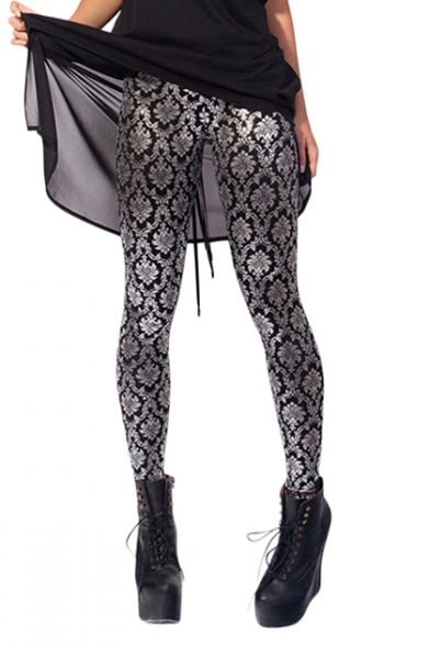 Silver Color Floral Space Pattern Skinny Treggings