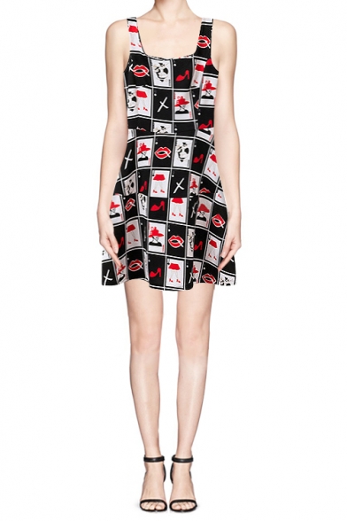Checkered Poker Card Print Sleeveless Mini Skater Dress