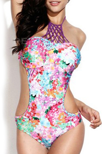 Cut Out Floral Print Strappy One Piece Swimsuit