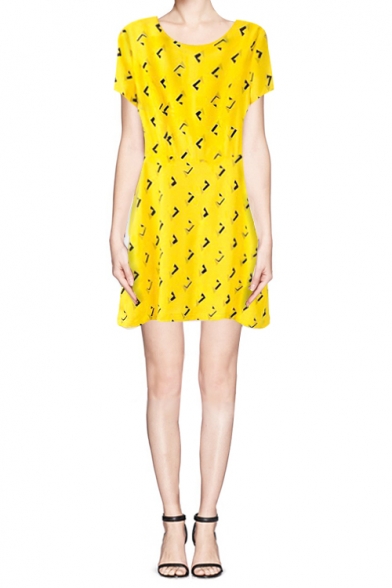 Yellow Printed Short Sleeve Zip Back A-line Dress