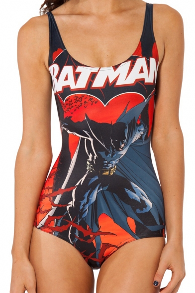 Red and Black Batman Print Scoop Neckline Straps One Piece Swimsuit