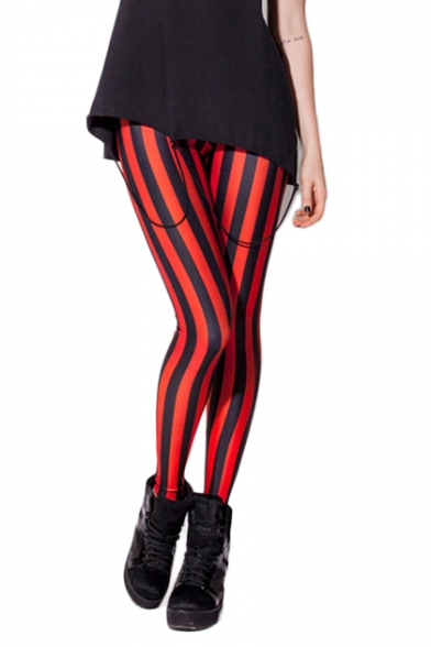 Black and Red Vertical Stripe Full Length Leggings