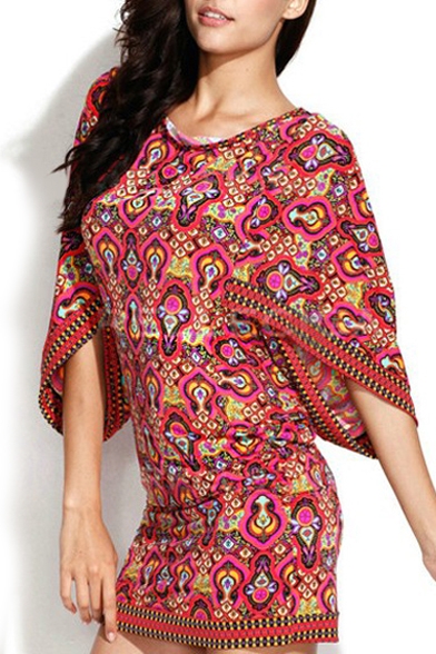 Ethnic Print Cut Out Back Cover Up with Wide-cut Sleeves