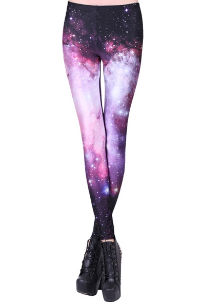 Purple Starry Sky Print Elastic Skinny Leggings