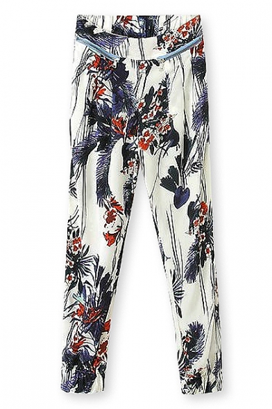 Zip Detail Floral Print Elastic Cuff Pants