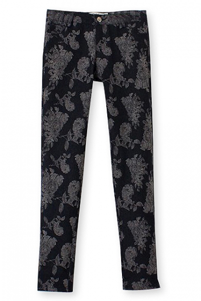Black Pencil Pants with Metallic Button in Floral Print