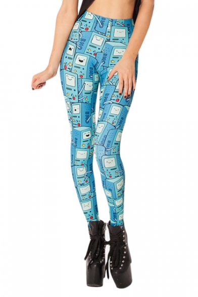 Blue Machine With Square Smiling Face Pattern Elastic Leggings