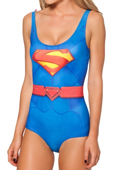 Blue Superman Logo Print One Piece Swimsuit