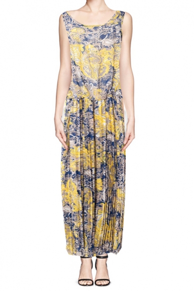 Blurred Print Sleeveless Pleated Maxi Blouson Dress