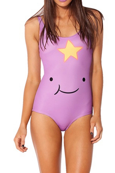 Purple One Piece Swimsuit in Cartoon Expression Print
