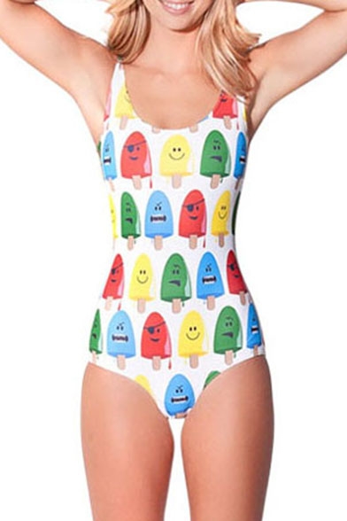 Cute Ice Lolly Expressions Print One Piece Swimsuit
