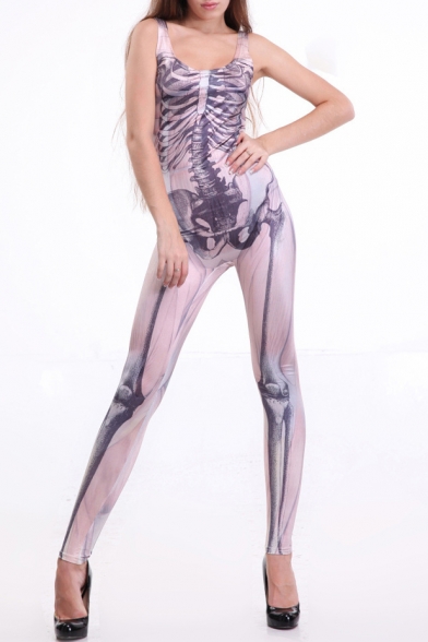Pink Skull Bones Digital Print Sleeveless Cool Jumpsuits