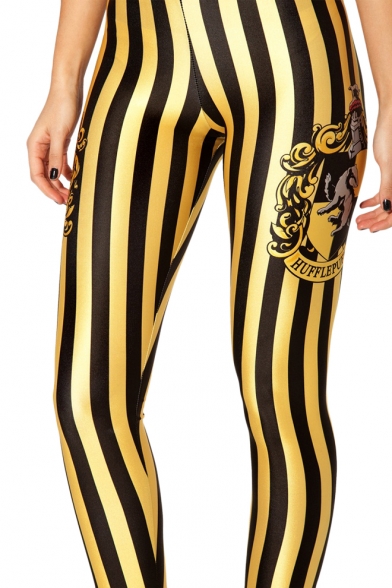 Black and Yellow Stripe Hufflepuff Logo Print Leggings