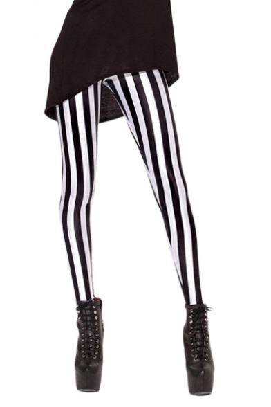 Black and White Vertical Striped Print Elastic Leggings