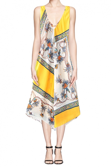 Scarf Print Sleeveless V-neck Asymmetric Hem Maxi Dress