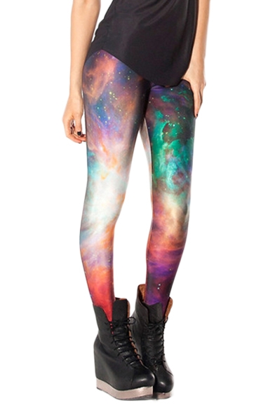 Colorful Cloudy and Starry Sky Print Elastic Leggings