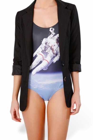 Floating Astronaut Print Scoop Neck One Piece Swimsuit