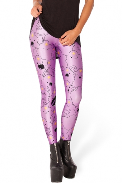 Lilac Cute Cartton Pattern and Star Print Skinny Leggings