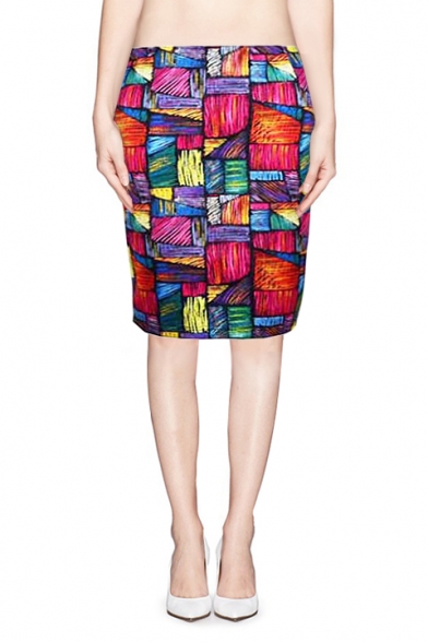 Colorful Abstract Print Pecil Skirt