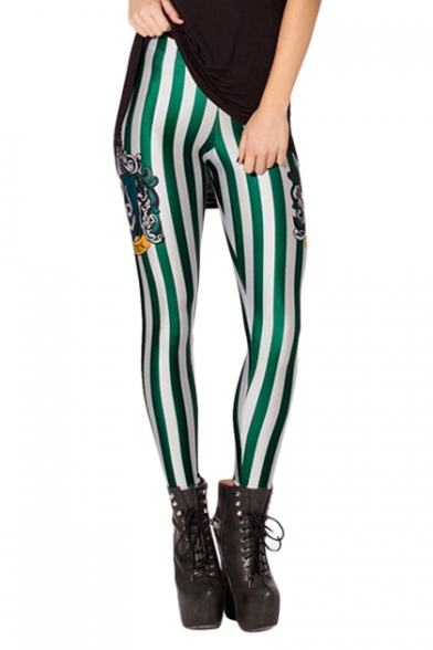 Green and White Vertical Stripe Elastic Leggings
